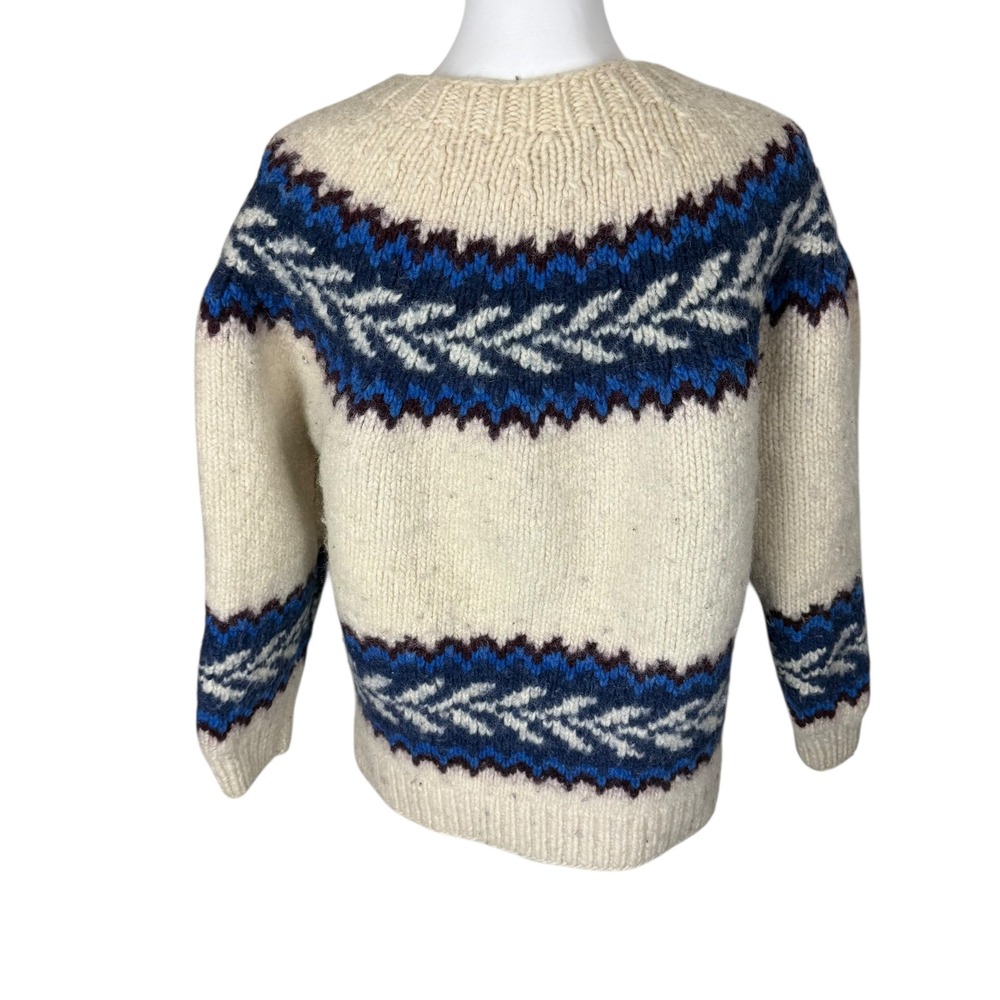Ecuador Wool Cardigan Sweater Cream Blue Handknit Nordic Button Front Women L - Picture 2 of 7